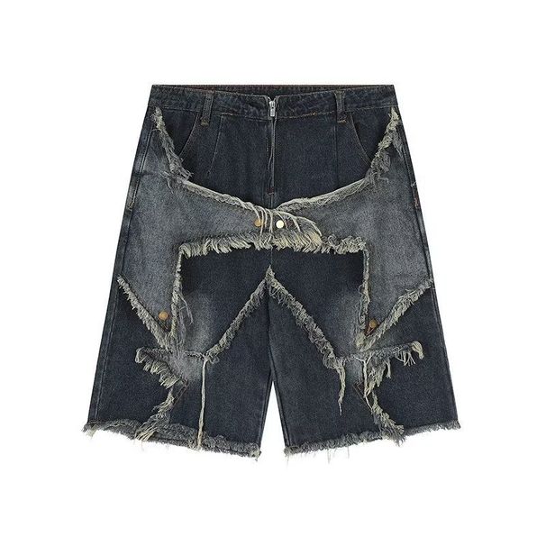 American Retro Multi Pocket Star Raw Edge Jeans For Men And Women Trendy Loose Washed Distressed Wide Leg Pants Summer_mkmklike.com