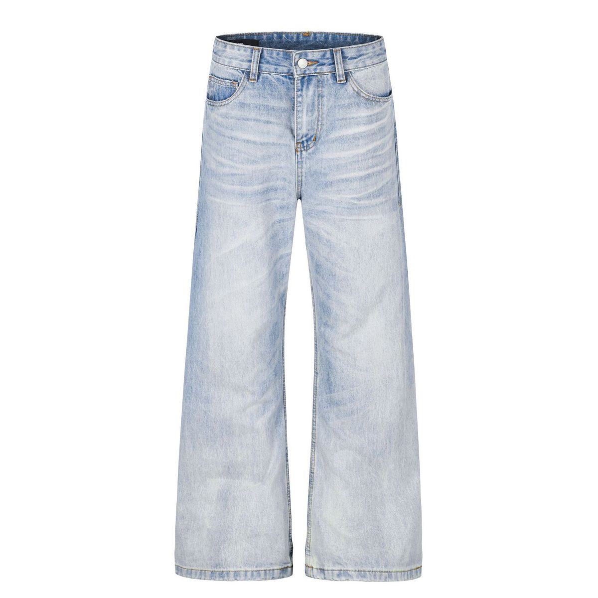 Men's Vintage Washed Light Blue Straight Leg Slightly Flared Jeans With Classic Cat Whisker Design For Casual Street Style_mkmklike.com