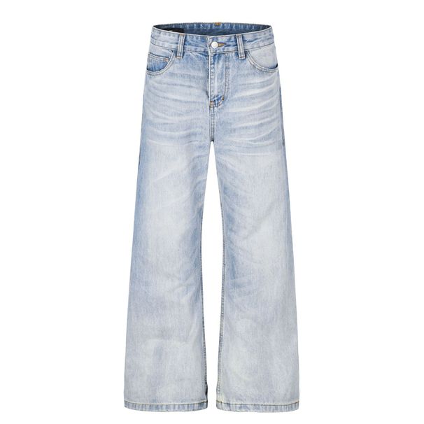 Men's Vintage Washed Light Blue Straight Leg Slightly Flared Jeans With Classic Cat Whisker Design For Casual Street Style_mkmklike.com