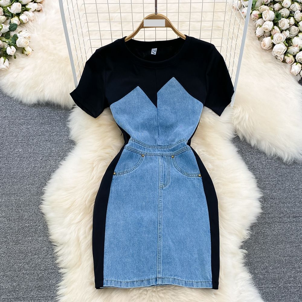 Women's Clothing Retro Style Round Neck Short-sleeved Denim Stitching Slimming Short Hip-covering Dress_mkmklike.com