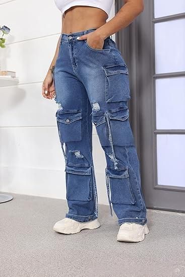 Women's Clothing Relaxed Fit - Streetwear Denim Pants With Multiple Pockets, Stretch Comfort, Washed Finish (Black, Dark Blue, Light Blue, Pink)_mkmklike.com