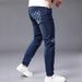Men's Slim Fit Stretch Ripped Denim Jeans Dark Blue Distressed Skinny Midweight Polyester Mid Waist Jeans_mkmklike.com