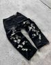 Unisex Floral Print Vintage Jeans – Retro Washed Denim Pants For Men & Women, Loose Fit Casual Streetwear For Summer_mkmklike.com