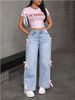 Women's Clothing Women's Bow Detail Straight Leg Jeans - High Waist Loose Wide Leg Pants For Casual Streetwear (Light Blue/ Dark Blue, Sizes 27-30)_mkmklike.com