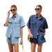 Women's Clothing Casual Loose Pocket Short Sleeved Shirt Denim Two Piece Suit_mkmklike.com