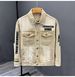 "Mens Distressed Denim Jacket Vintage Mud-Dye Finish With Sanskrit Print Slim Fit Workwear Coat For Streetwear Fall Fashion (Brown/Green "_mkmklike.com