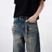 Men's Washed Whiskered Retro Blue Denim Jeans Loose Straight Leg Vintage Style Floor Length Clean Fit High Street Trousers_mkmklike.com