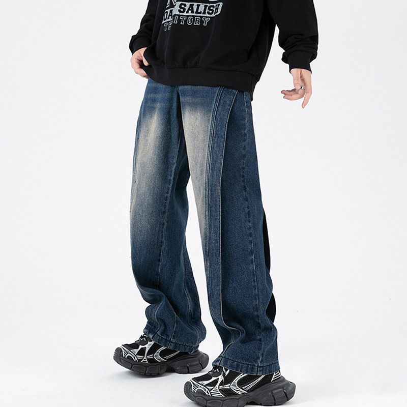 Nordmann American Retro Patchwork Workwear Jeans For Men, Autumn Winter New Casual Pants, Loose Wide-Leg Straight Long_mkmklike.com