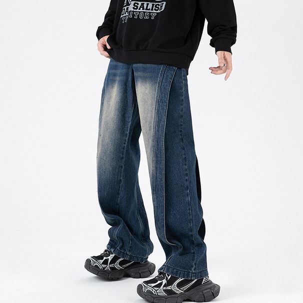 Nordmann American Retro Patchwork Workwear Jeans For Men, Autumn Winter New Casual Pants, Loose Wide-Leg Straight Long_mkmklike.com