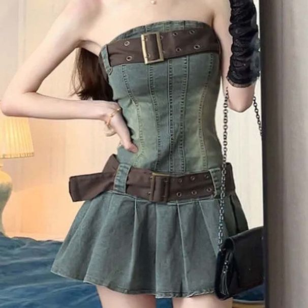 American Style Denim Strapless Dress For Women In Instagram, New Spicy Girl With Slim Waist Design And A Pleated Skirt_mkmklike.com