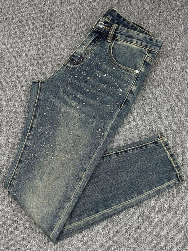 Men's Vintage Rhinestone Jeans – Slim Fit Distressed Denim Pants For Casual & Streetwear Breathable Cotton_mkmklike.com
