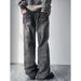 Washed Denim Jeans For Men, Straight Loose, Floor Length Wide Leg Pants, High-Quality Lightning Pattern Jeans, Summer_mkmklike.com