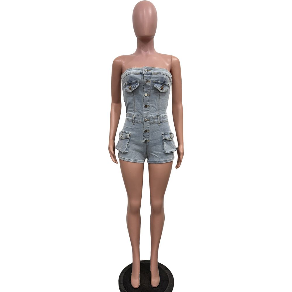 K European And American Women's Strapless Elastic Denim Jumpsuit_mkmklike.com