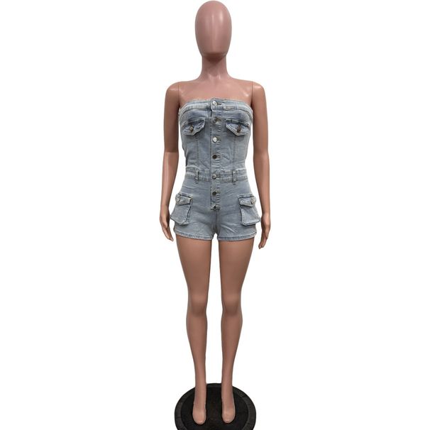 K European And American Women's Strapless Elastic Denim Jumpsuit_mkmklike.com