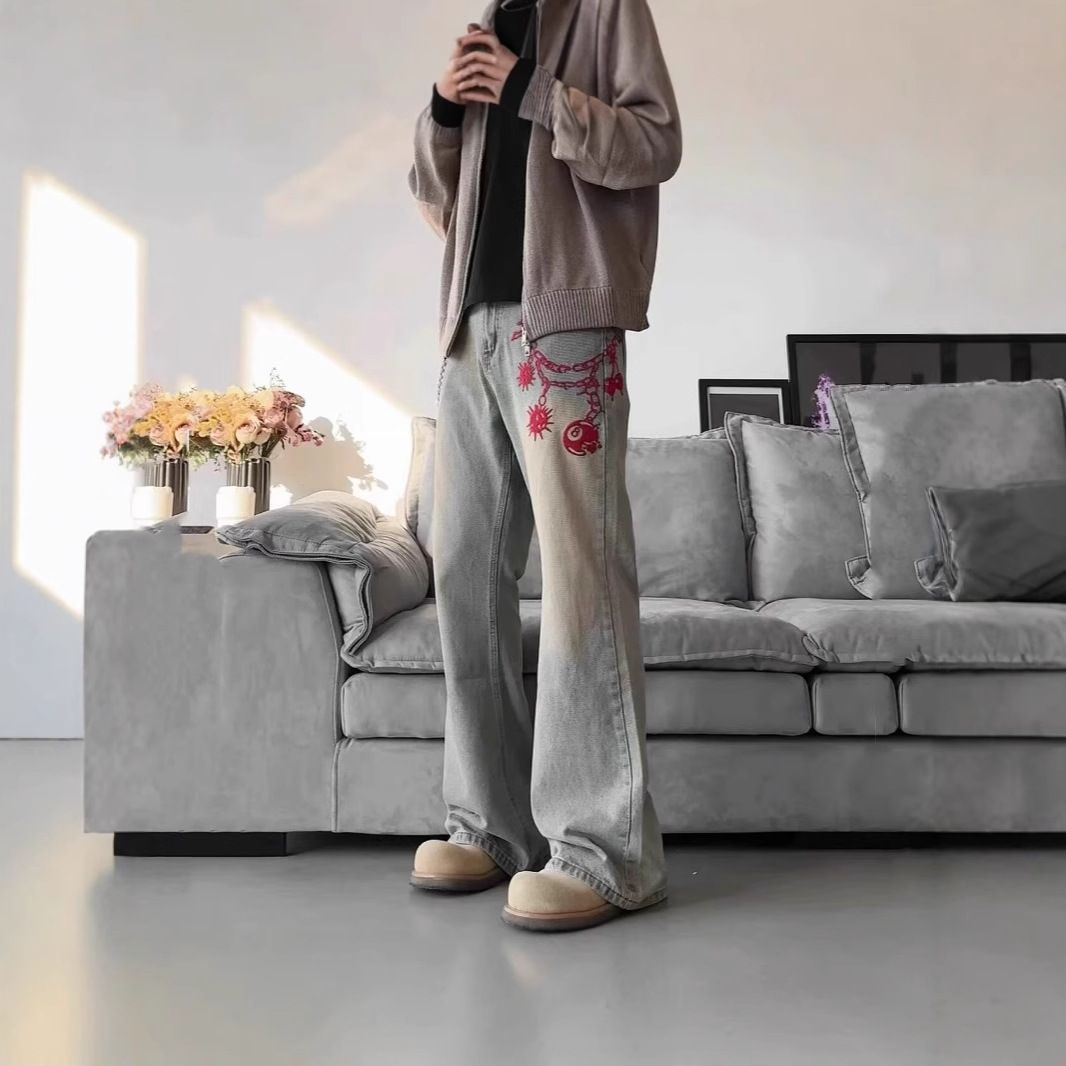 Vintage Embroidered Distressed Bootcut Jeans For Men & Women – High Waist Retro Denim Pants With Flared Hem_mkmklike.com