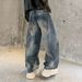Unisex Vintage Dirty Wash Jeans – Distressed Straight-Leg Wide Pants With Raw Hem & Relaxed Fit_mkmklike.com