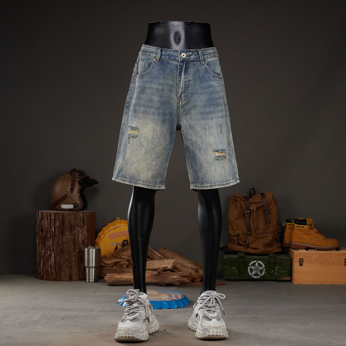 Men's Vintage Distressed Denim Shorts Oversized Retro Washed Blue Artisan Rips Grunge Streetwear Big Tall 28 to 42_mkmklike.com