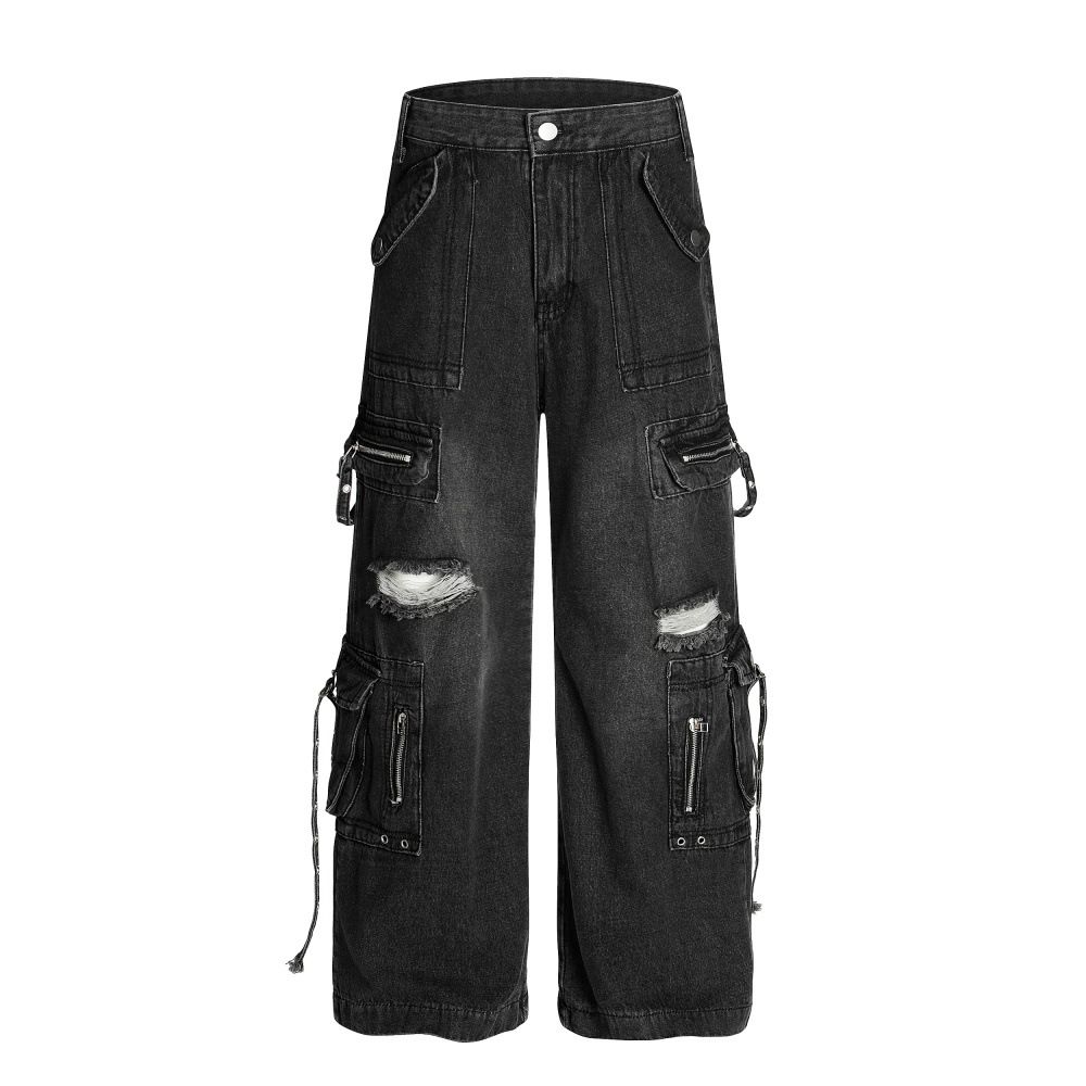 Post-apocalyptic Punk Multi-Pocket Cargo Ripped Jeans Trendy High Street Design Loose Straight Pants For Men_mkmklike.com
