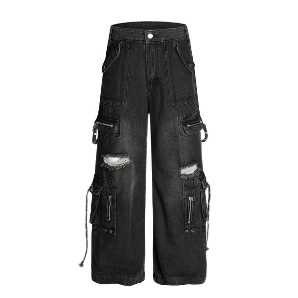 Post-apocalyptic Punk Multi-Pocket Cargo Ripped Jeans Trendy High Street Design Loose Straight Pants For Men_mkmklike.com