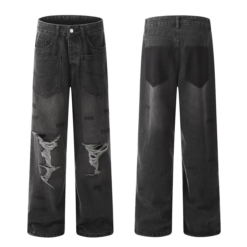 Reversible Pocket Design Loose Denim Men's Vintage Washed Punk Ripped Straight-Leg Pants Trendy_mkmklike.com