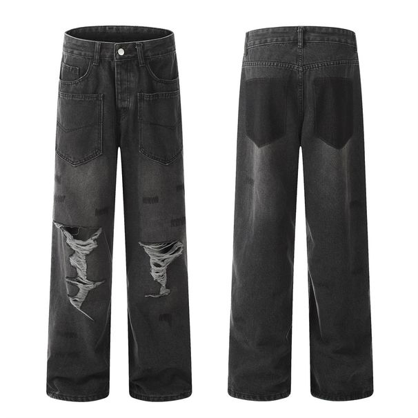 Reversible Pocket Design Loose Denim Men's Vintage Washed Punk Ripped Straight-Leg Pants Trendy_mkmklike.com