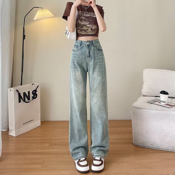 ELLE American Style Pocket Design Straight Jeans For Women 2025 New Retro Small Slimming Draped Narrow Wide Leg Pants_mkmklike.com