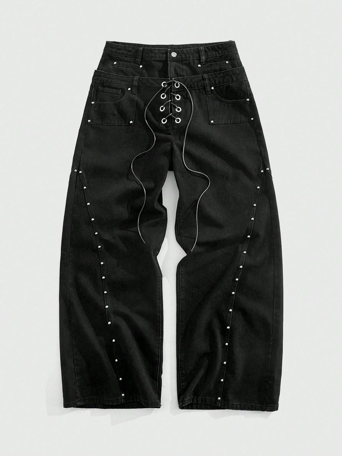 Retro Hip Hop Jeans – Distressed Denim Pants With Studded Details & Drawstring Waist, Loose Straight-Leg Unisex Style_mkmklike.com