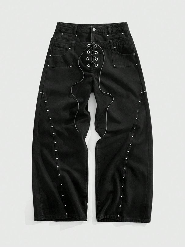 Retro Hip Hop Jeans – Distressed Denim Pants With Studded Details & Drawstring Waist, Loose Straight-Leg Unisex Style_mkmklike.com