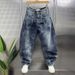 American Washed Retro Denim Scimitar Pants Men's Autumn And Winter Trendy Brand Splicing Wide-leg Trousers Ruffian Handsome Harlan Straight-leg Trouse_mkmklike.com
