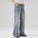 Unisex Classic Washed Blue Jeans – Vintage Straight-Leg Denim With Cat Whisker Details, A-Line Cut For Height Elongation, Everyday Essential_mkmklike.com