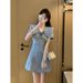 Lotus Leaf Collar Denim Summer Women's New French Style Waist Cinching Dress, Slimming Off Exuding A Luxurious And_mkmklike.com