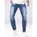 Men's Jeans Stretch Street Style Trendy Men's Pants Blue Fashionable Casual Handmade Worn-out Hole Denim Pants Washed Slim Fit Small Leg Pants_mkmklike.com