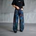 Men's Clothing Style Denim Trendy Black Graffiti Washed Loose Straight Leg Midweight Cotton Trousers Skinny Pants Wide Leg_mkmklike.com