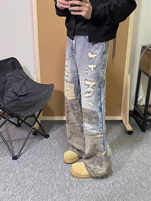 Men's Clothing Retro Fake Two Piece Pants Design Advanced Camouflage Patchwork Jeans Men's Cleanfit Straight Pants_mkmklike.com