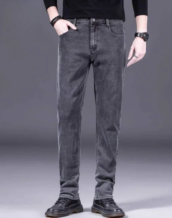 Men's Stretch Jeans Slim Straight Leg Casual Trousers - Washed Denim Pants With Badge Detail (28-38) Black/Grey_mkmklike.com