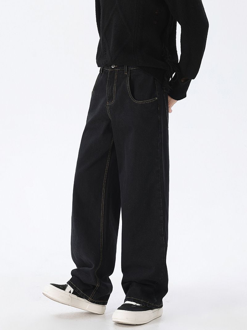 Vintage Black Straight-Leg Jeans For Men – Classic Raw Denim, 63.4% Cotton Blend, Non-Stretch Washed Finish (M-XL) – Retro Streetwear Essential_mkmklike.com