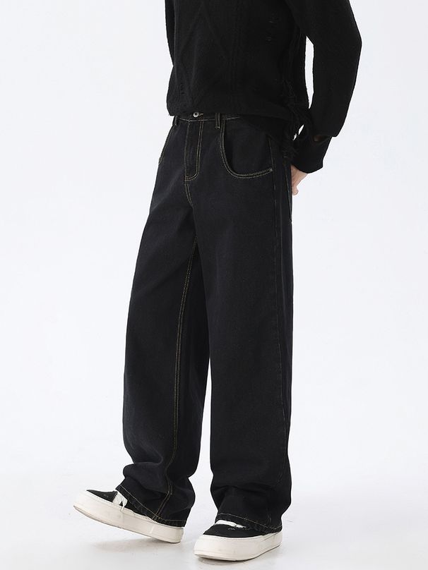 Vintage Black Straight-Leg Jeans For Men – Classic Raw Denim, 63.4% Cotton Blend, Non-Stretch Washed Finish (M-XL) – Retro Streetwear Essential_mkmklike.com