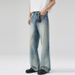 Vintage Washed Blue Gradient Jeans – Distressed Straight-Leg Bell Bottom Denim Pants With Cat Whisker & Fading Details ( Non-Stretch, S-3XL)_mkmklike.com