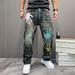Men's Streetwear Denim Jeans High-Fashion Straight Leg With Vintage Wash & Graphic Print (28-40) – Retro Black-Grey Cotton Pants For Urban Styling_mkmklike.com