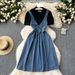 Women's Niche Design, Round Neck, Puff Sleeves, Patchwork Waist, Denim Skirt, Long Skirt_mkmklike.com