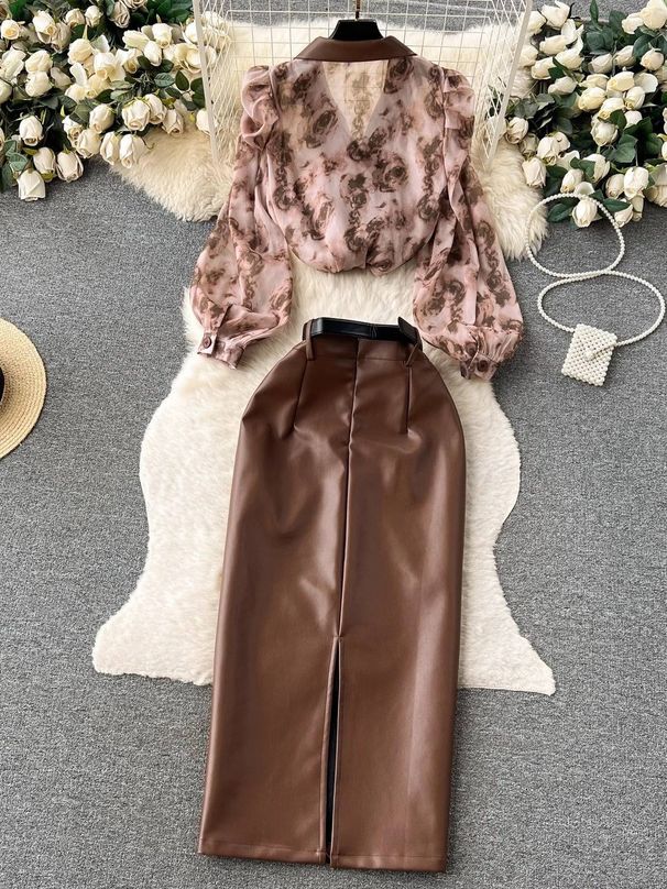 Women's Clothing collar floral chiffon shirt high waist tight PU leather skirt female high end outfit two piece suit_mkmklike.com