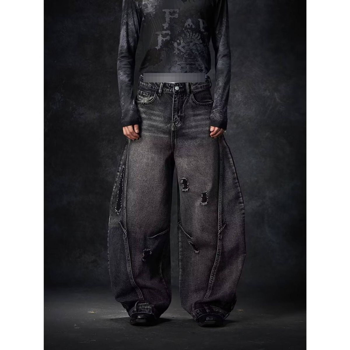 Vintage Washed High-Waisted Baggy Jeans Men's 90s Grunge Streetwear Denim Distressed Details Black Grey S-3XL_mkmklike.com
