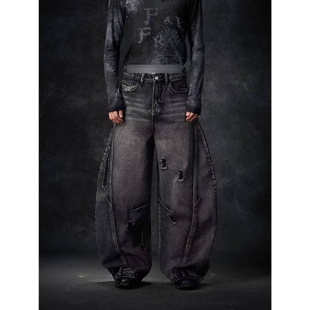 Vintage Washed High-Waisted Baggy Jeans Men's 90s Grunge Streetwear Denim Distressed Details Black Grey S-3XL_mkmklike.com