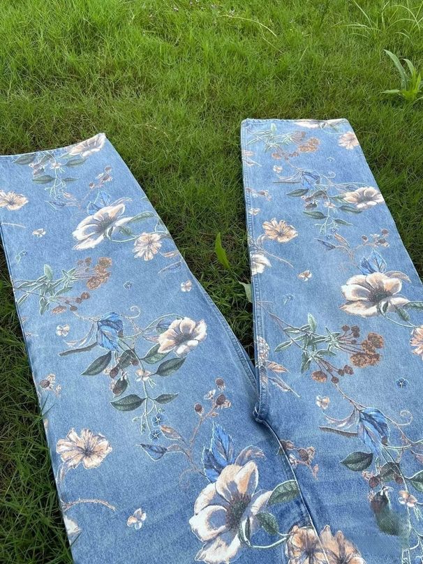 Men's Clothing The Same Retro Printed Jeans For Men And Women, Spring And Autumn, High Street, Straight, Loose Wide Leg, Floor Length Trousers_mkmklike.com