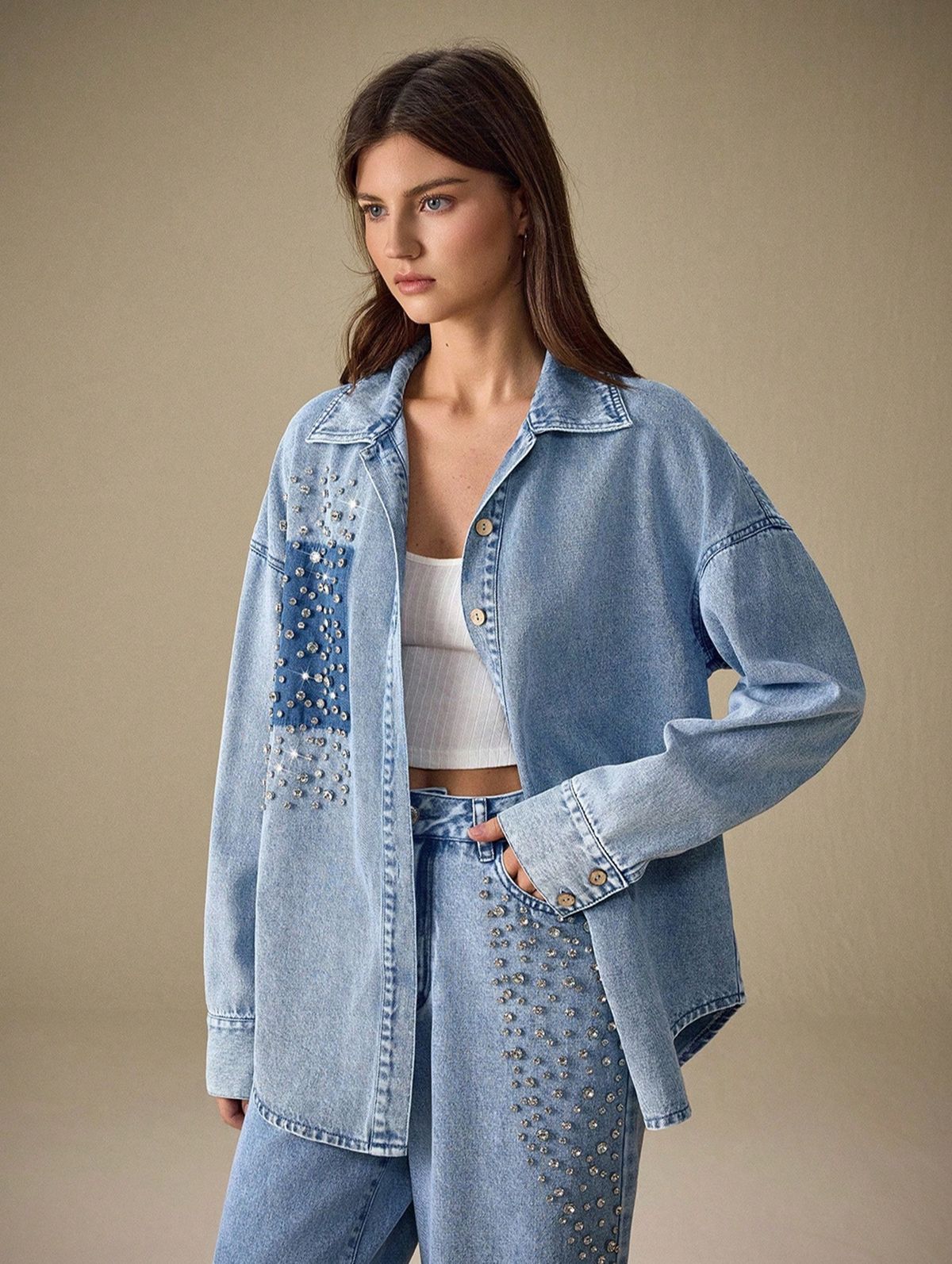 "Luxury Distressed Denim Shirt – Oversized Cotton-Polyester Blouse With Crystal Embellishments (XS-L, Vintage Blue) – Boho-Chic Layering Staple"_mkmklike.com