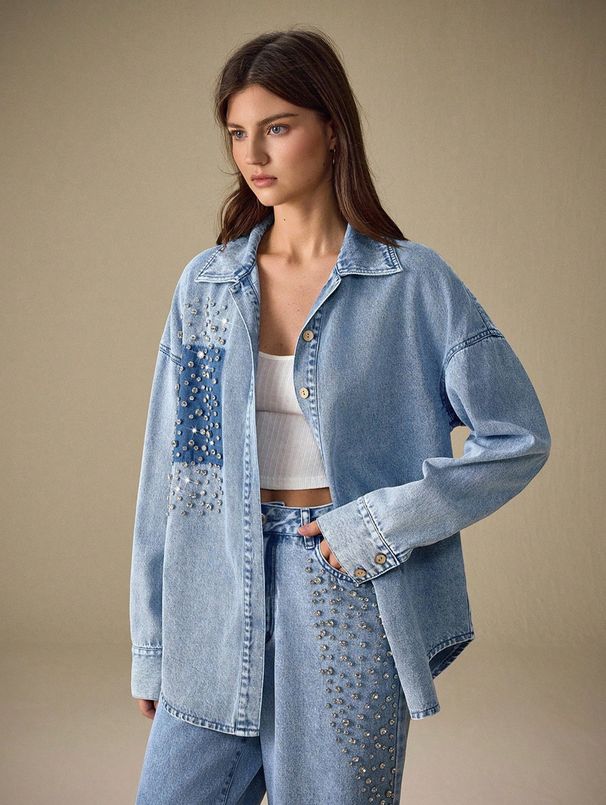 "Luxury Distressed Denim Shirt – Oversized Cotton-Polyester Blouse With Crystal Embellishments (XS-L, Vintage Blue) – Boho-Chic Layering Staple"_mkmklike.com