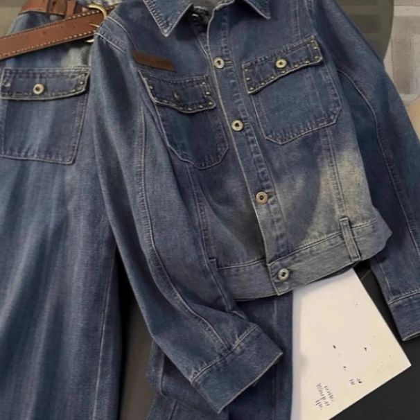 Women's Clothing Autumn Outfit With A Complete Set Of Retro Denim Suits For Women Fashionable Short Jackets Wide Leg Pants Two Piece Suits For Women_mkmklike.com