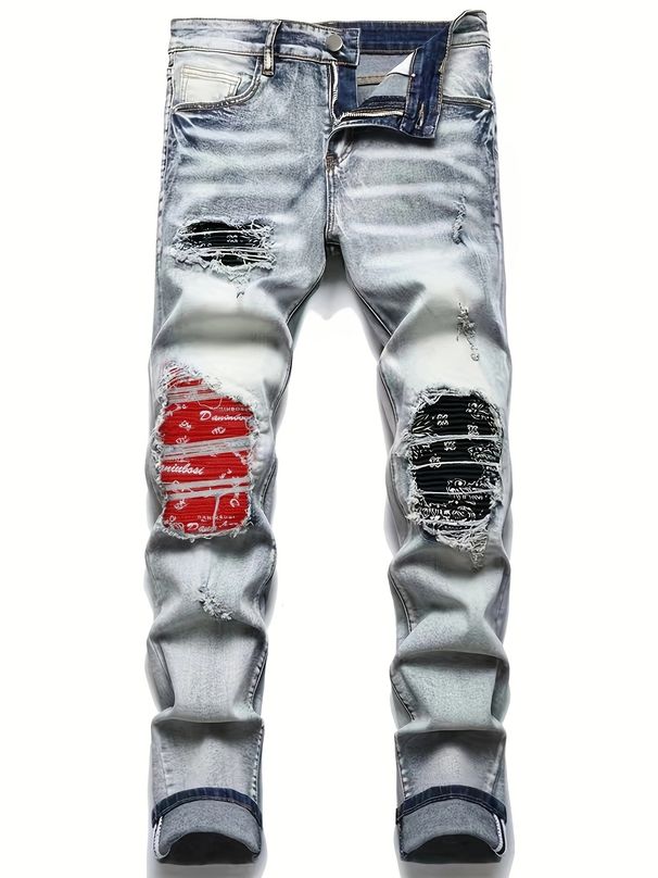 Men's Slim Fit Distressed Patchwork Embroidered Jeans | Streetwear Denim Pants | High Waist Straight Leg | Light Blue Washed Cotton_mkmklike.com