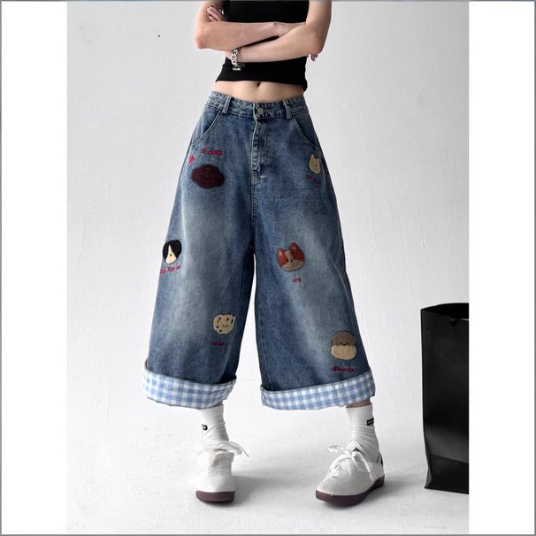 Women's Clothing Women's Distressed Puppy Embroidered Denim Shorts Retro Wide Leg Capri Pants Loose Fit For Spring And Autumn_mkmklike.com