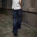 Men's Retro Button Down Jeans Color Block Whiskered Straight Leg Slim Fit Casual Long Pants_mkmklike.com